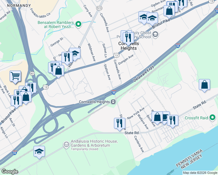 map of restaurants, bars, coffee shops, grocery stores, and more near 873 Station Avenue in Bensalem