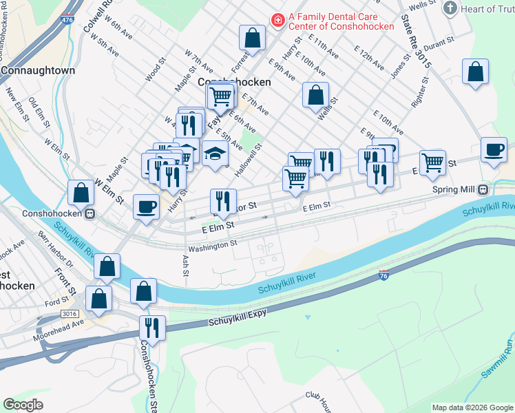 map of restaurants, bars, coffee shops, grocery stores, and more near 359 Spring Mill Avenue in Conshohocken