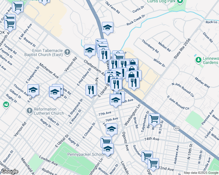 map of restaurants, bars, coffee shops, grocery stores, and more near 2415 80th Avenue in Philadelphia