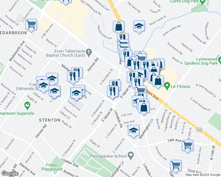 map of restaurants, bars, coffee shops, grocery stores, and more near 7824 Bayard Street in Philadelphia