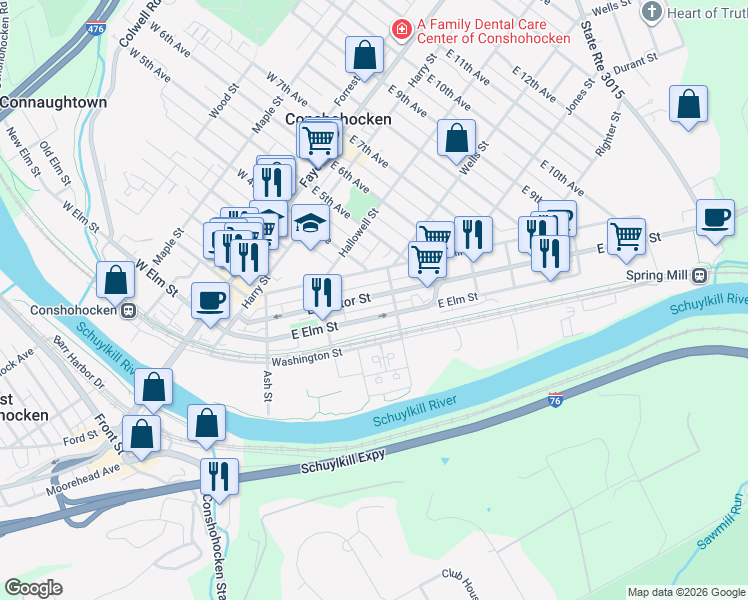 map of restaurants, bars, coffee shops, grocery stores, and more near 359 Spring Mill Avenue in Conshohocken
