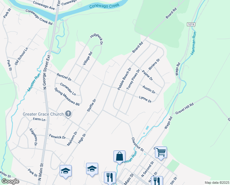 map of restaurants, bars, coffee shops, grocery stores, and more near 290 Pebble Beach Drive in Mount Wolf