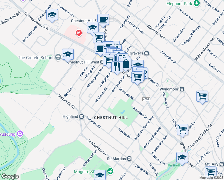 map of restaurants, bars, coffee shops, grocery stores, and more near 121 West Gravers Lane in Philadelphia
