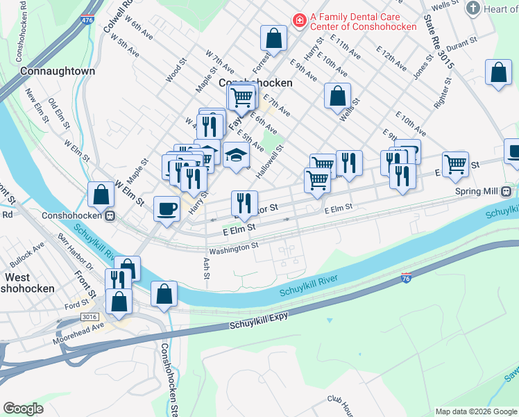 map of restaurants, bars, coffee shops, grocery stores, and more near 326 East Hector Street in Conshohocken