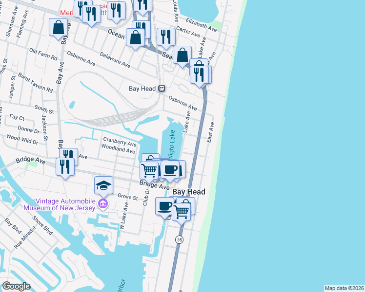 map of restaurants, bars, coffee shops, grocery stores, and more near 315 Lake Avenue in Bay Head