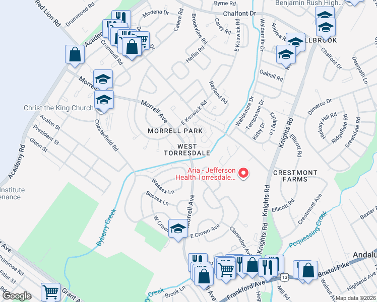 map of restaurants, bars, coffee shops, grocery stores, and more near Morrell Ave & Ashfield Ln in Philadelphia