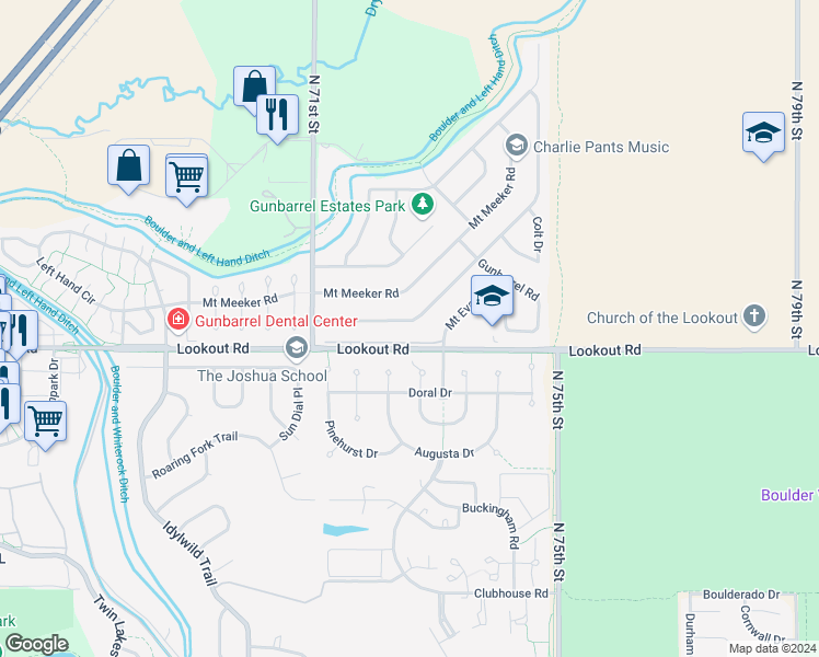 map of restaurants, bars, coffee shops, grocery stores, and more near 7260 Mount Sherman Road in Longmont