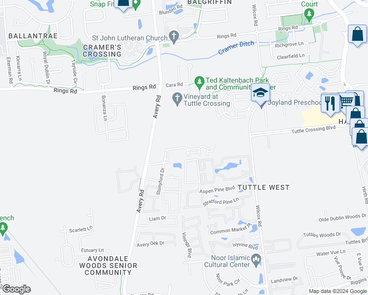 map of restaurants, bars, coffee shops, grocery stores, and more near Avery Woods Avenue in Dublin