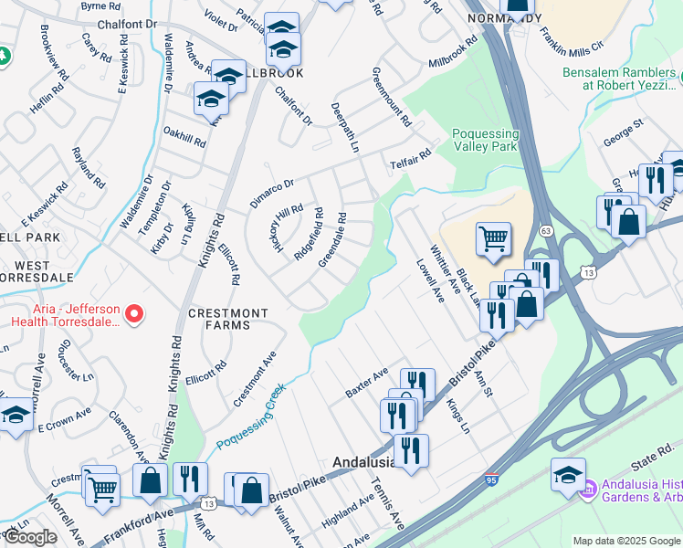 map of restaurants, bars, coffee shops, grocery stores, and more near 225 Nauldo Road in Philadelphia