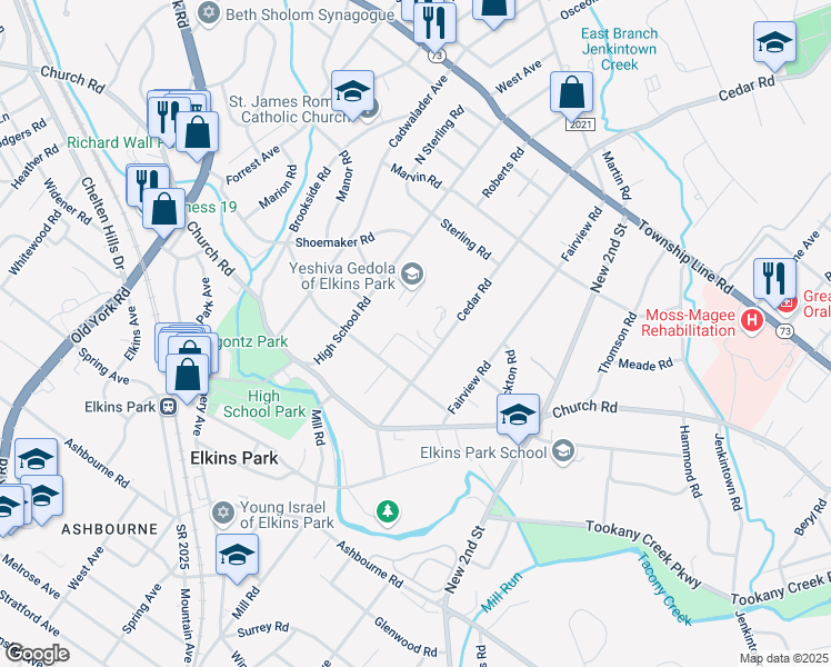 map of restaurants, bars, coffee shops, grocery stores, and more near 8201 High School Road in Elkins Park