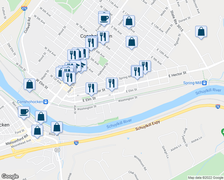 map of restaurants, bars, coffee shops, grocery stores, and more near 389 East Hector Street in Conshohocken