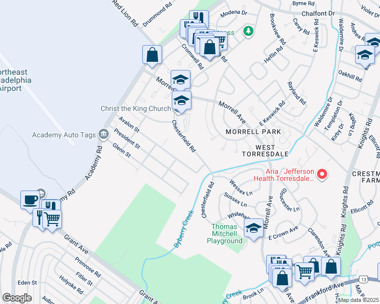 map of restaurants, bars, coffee shops, grocery stores, and more near 3352 Chesterfield Road in Philadelphia