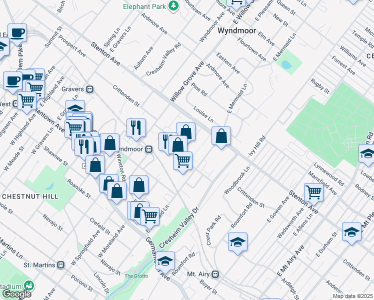 map of restaurants, bars, coffee shops, grocery stores, and more near 7718 Crittenden Street in Philadelphia