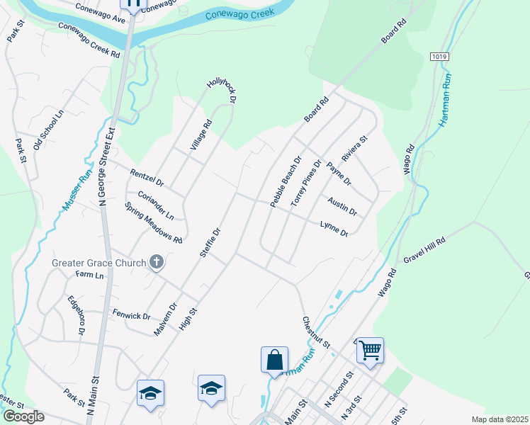 map of restaurants, bars, coffee shops, grocery stores, and more near 290 Pebble Beach Drive in Mount Wolf