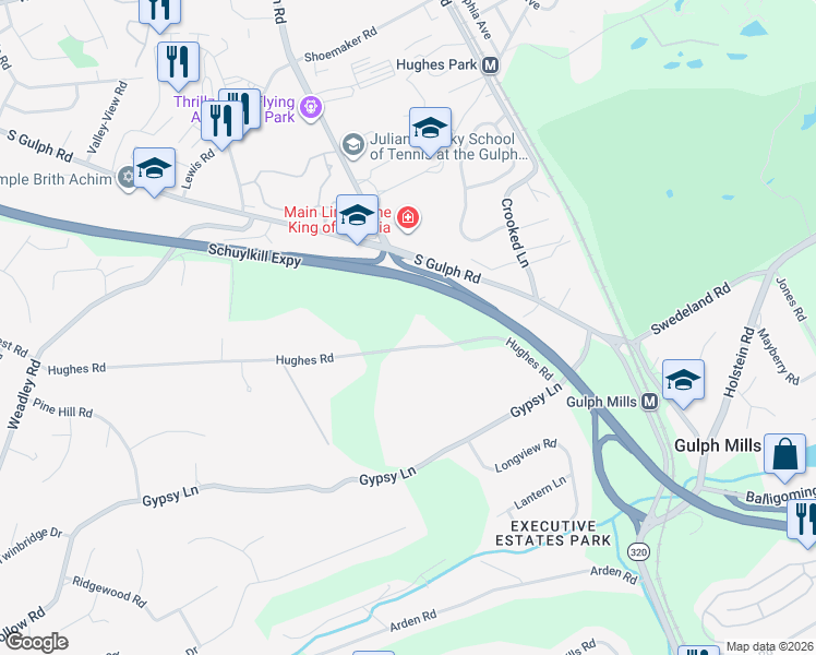 map of restaurants, bars, coffee shops, grocery stores, and more near 168 Hughes Road in King of Prussia