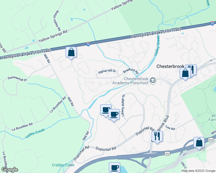 map of restaurants, bars, coffee shops, grocery stores, and more near 17 Woodstream Drive in Chesterbrook