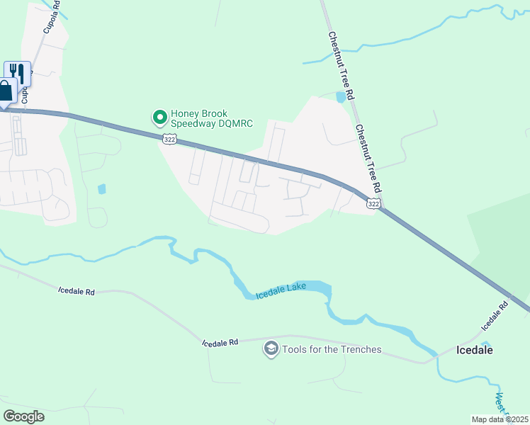 map of restaurants, bars, coffee shops, grocery stores, and more near 77 Erica Circle in Honey Brook
