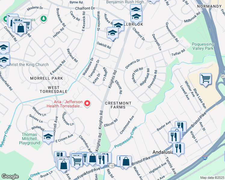 map of restaurants, bars, coffee shops, grocery stores, and more near 10900 Knights Road in Philadelphia