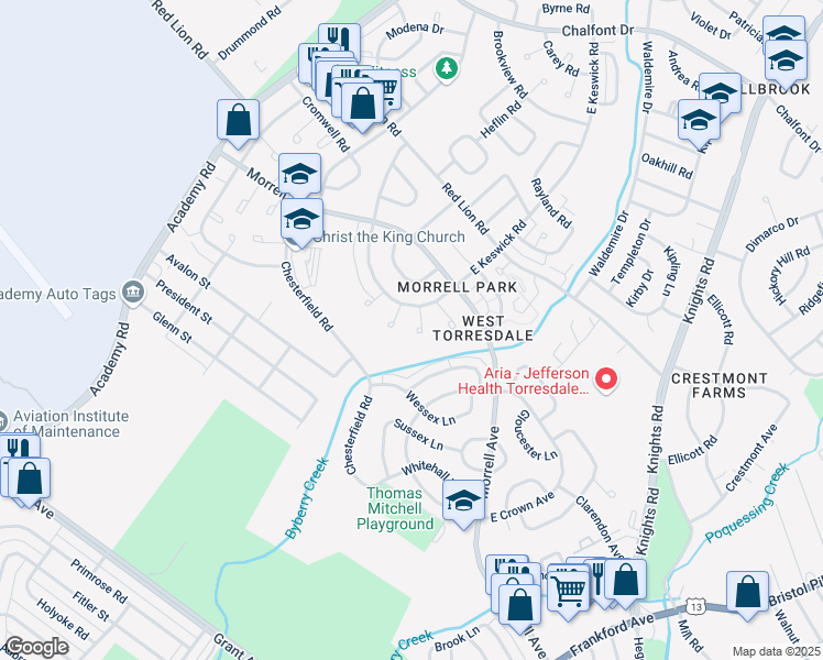 map of restaurants, bars, coffee shops, grocery stores, and more near 3316 South Keswick Circle in Philadelphia