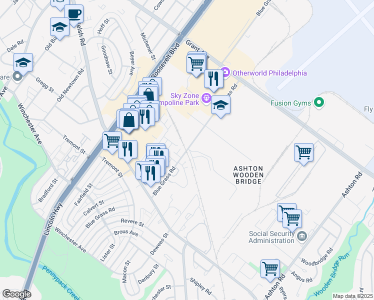 map of restaurants, bars, coffee shops, grocery stores, and more near 9300 Blue Grass Road in Philadelphia