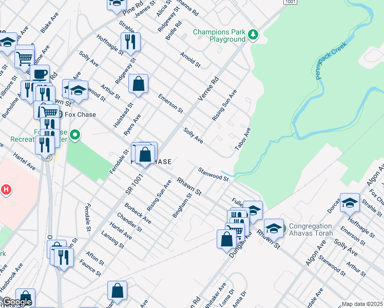 map of restaurants, bars, coffee shops, grocery stores, and more near 1001 Stanwood Street in Philadelphia