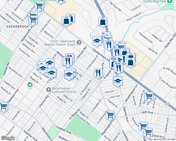 map of restaurants, bars, coffee shops, grocery stores, and more near 7909 Provident Road in Philadelphia
