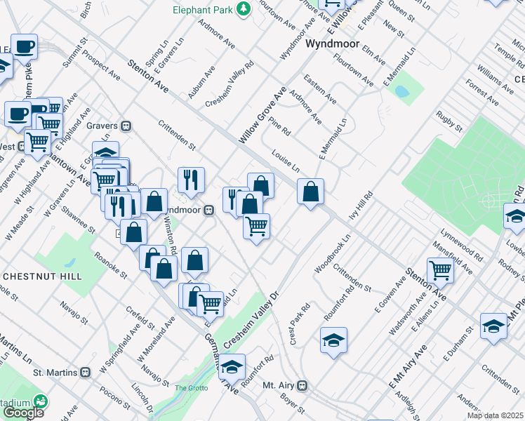 map of restaurants, bars, coffee shops, grocery stores, and more near 7740c Stenton Avenue in Philadelphia
