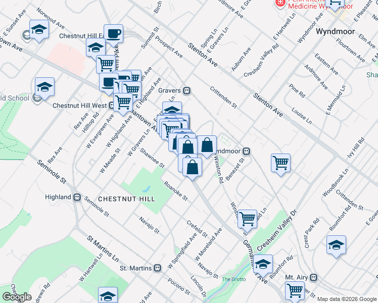 map of restaurants, bars, coffee shops, grocery stores, and more near 8132 Ardleigh Street in Philadelphia