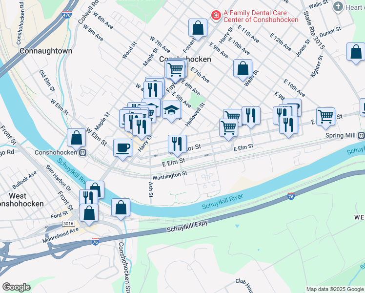 map of restaurants, bars, coffee shops, grocery stores, and more near 319 Spring Mill Avenue in Conshohocken