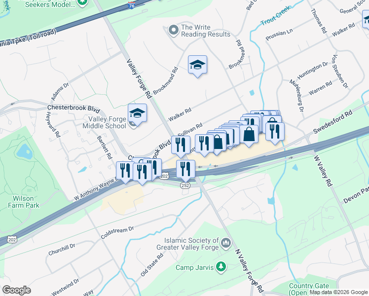 map of restaurants, bars, coffee shops, grocery stores, and more near 30 Sullivan Road in Wayne