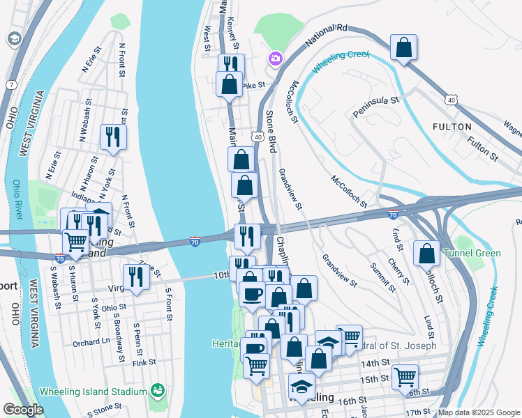 map of restaurants, bars, coffee shops, grocery stores, and more near 21 8th Street in Wheeling