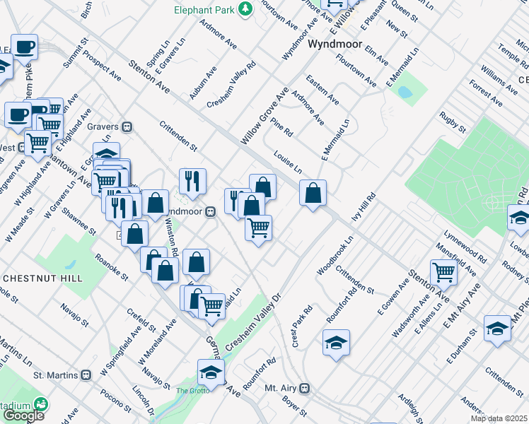 map of restaurants, bars, coffee shops, grocery stores, and more near 7709 Crittenden Street in Philadelphia