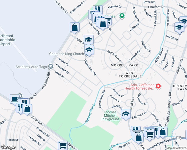 map of restaurants, bars, coffee shops, grocery stores, and more near 3352 Chesterfield Road in Philadelphia