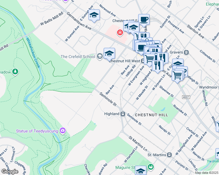 map of restaurants, bars, coffee shops, grocery stores, and more near 301 Rex Avenue in Philadelphia