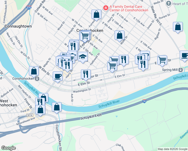 map of restaurants, bars, coffee shops, grocery stores, and more near 340 East Hector Street in Conshohocken
