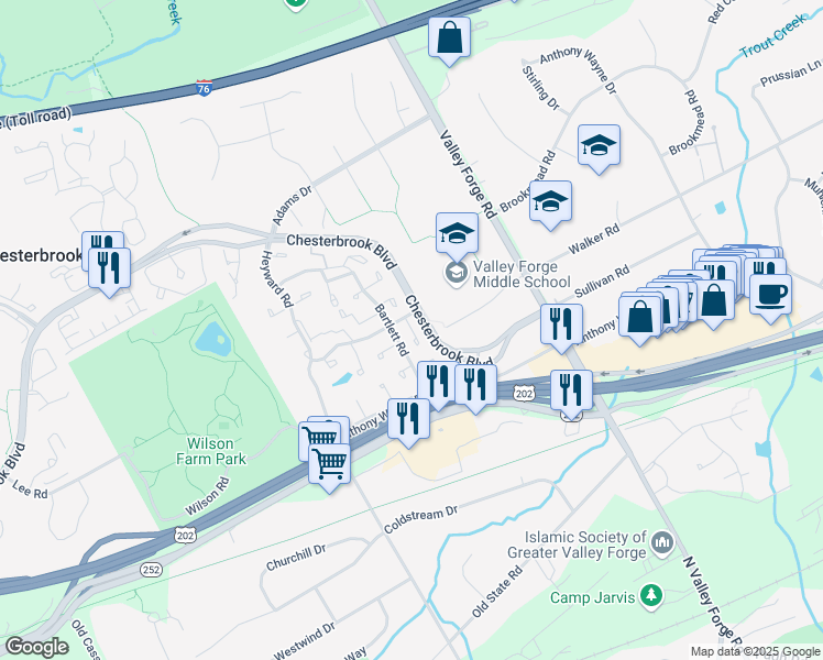 map of restaurants, bars, coffee shops, grocery stores, and more near 135 Curtis Court in Chesterbrook