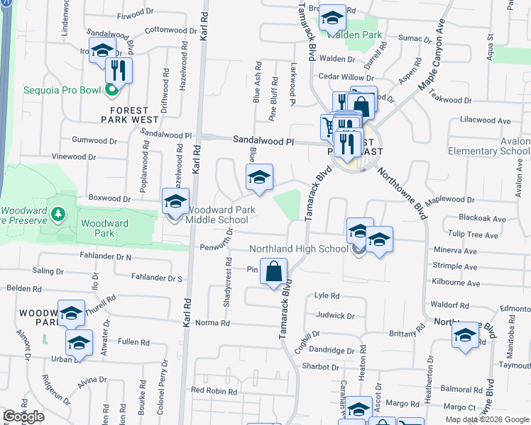 map of restaurants, bars, coffee shops, grocery stores, and more near 1711 Penworth Drive in Columbus