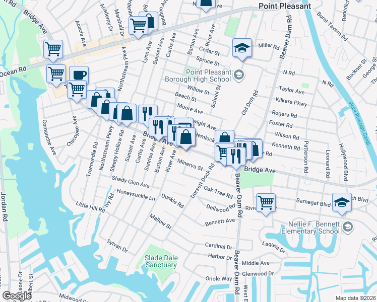 map of restaurants, bars, coffee shops, grocery stores, and more near 1226 Wooddale Avenue in Point Pleasant
