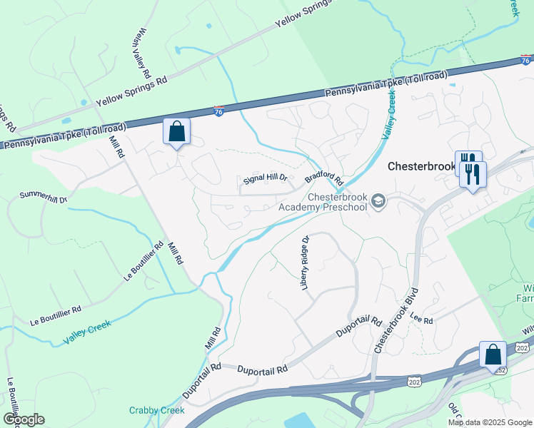 map of restaurants, bars, coffee shops, grocery stores, and more near 17 Woodstream Drive in Chesterbrook