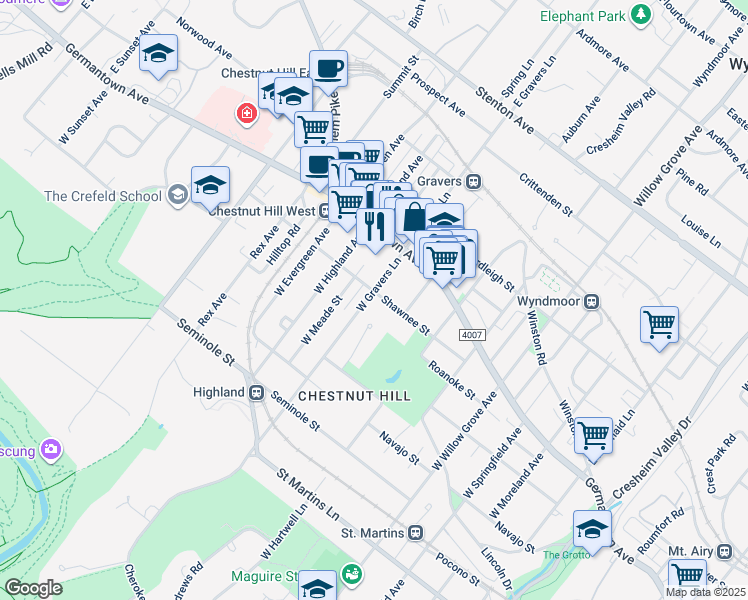 map of restaurants, bars, coffee shops, grocery stores, and more near 104 West Gravers Lane in Philadelphia