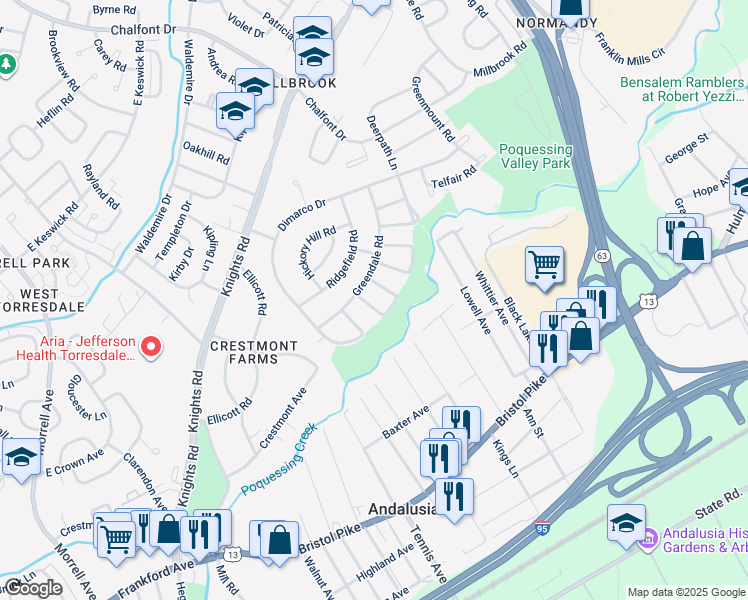 map of restaurants, bars, coffee shops, grocery stores, and more near 219 Nauldo Road in Philadelphia
