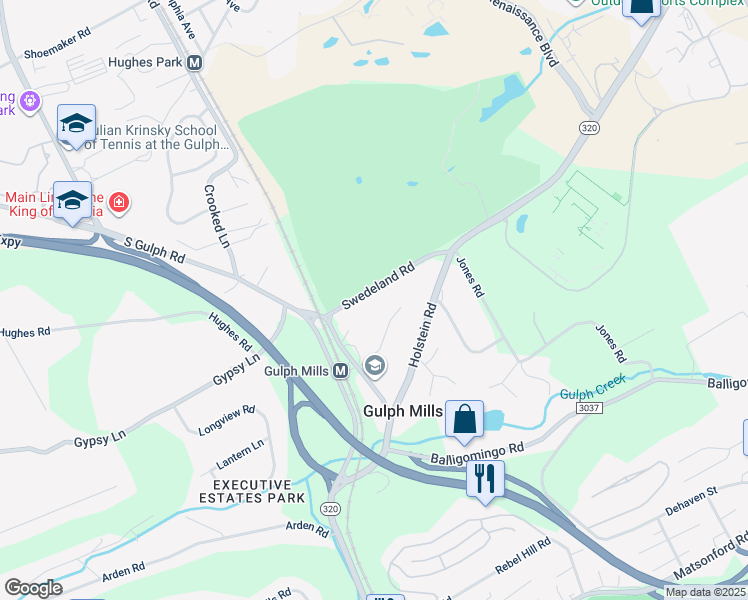 map of restaurants, bars, coffee shops, grocery stores, and more near 227 Swedeland Road in King of Prussia