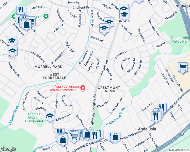 map of restaurants, bars, coffee shops, grocery stores, and more near 3876 Kipling Place in Philadelphia
