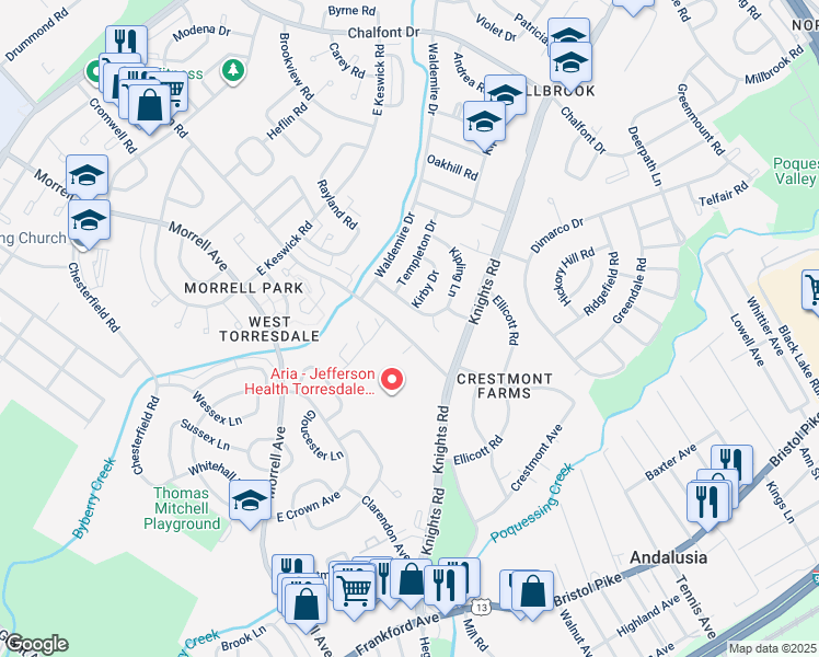 map of restaurants, bars, coffee shops, grocery stores, and more near 3833 Red Lion Road in Philadelphia