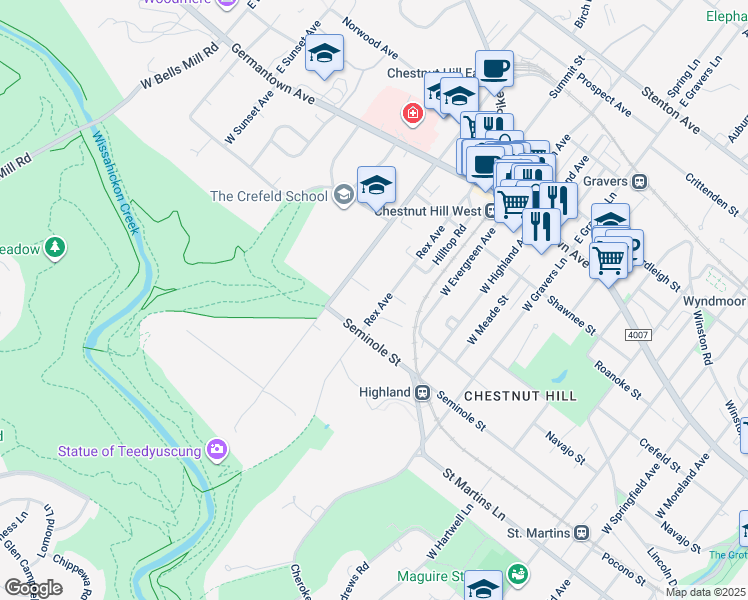 map of restaurants, bars, coffee shops, grocery stores, and more near 301 Rex Avenue in Philadelphia