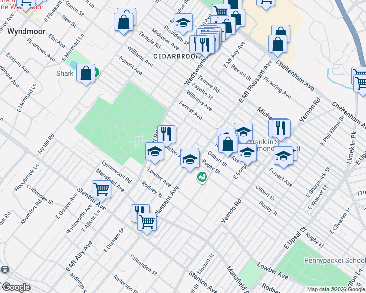 map of restaurants, bars, coffee shops, grocery stores, and more near 1231 East Sydney Street in Philadelphia