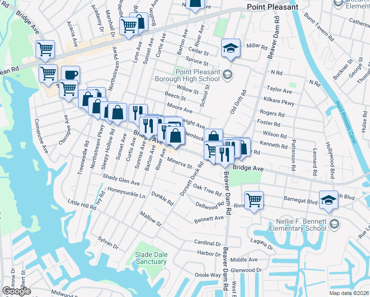 map of restaurants, bars, coffee shops, grocery stores, and more near 1226 Wooddale Avenue in Point Pleasant