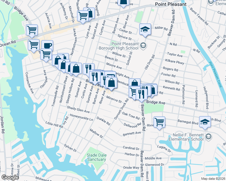 map of restaurants, bars, coffee shops, grocery stores, and more near 1226 Wooddale Avenue in Point Pleasant