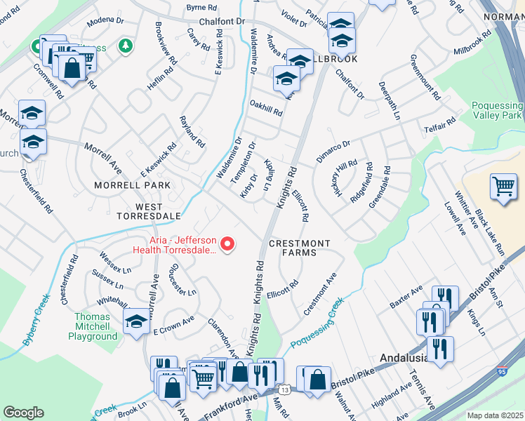 map of restaurants, bars, coffee shops, grocery stores, and more near 3876 Kipling Place in Philadelphia
