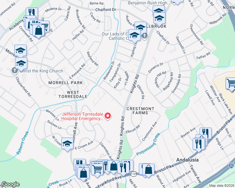 map of restaurants, bars, coffee shops, grocery stores, and more near 3827 Greenacres Road in Philadelphia